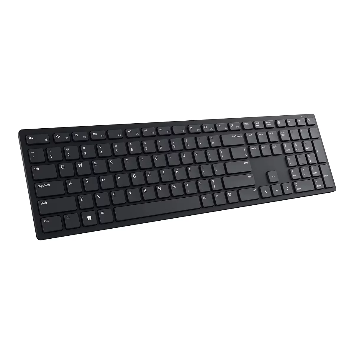 Ein schwarzes Keyboard in Draufsicht. Tasten mit Beschriftungen wie Buchstaben, Zahlen und Sonderzeichen.