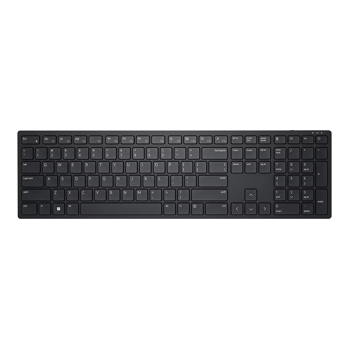 Drahtlose schwarze Tastatur mit weißen Buchstaben und Zahlen.