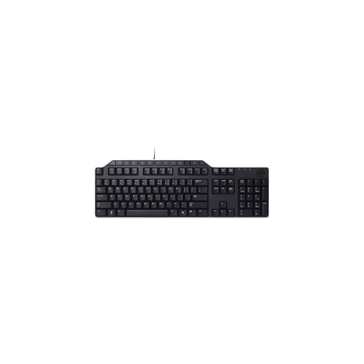 Schwarze Dell-Tastatur, auf weißem Hintergrund. Buchstaben und Zahlen sind deutlich sichtbar. Kabel ist angeschlossen.