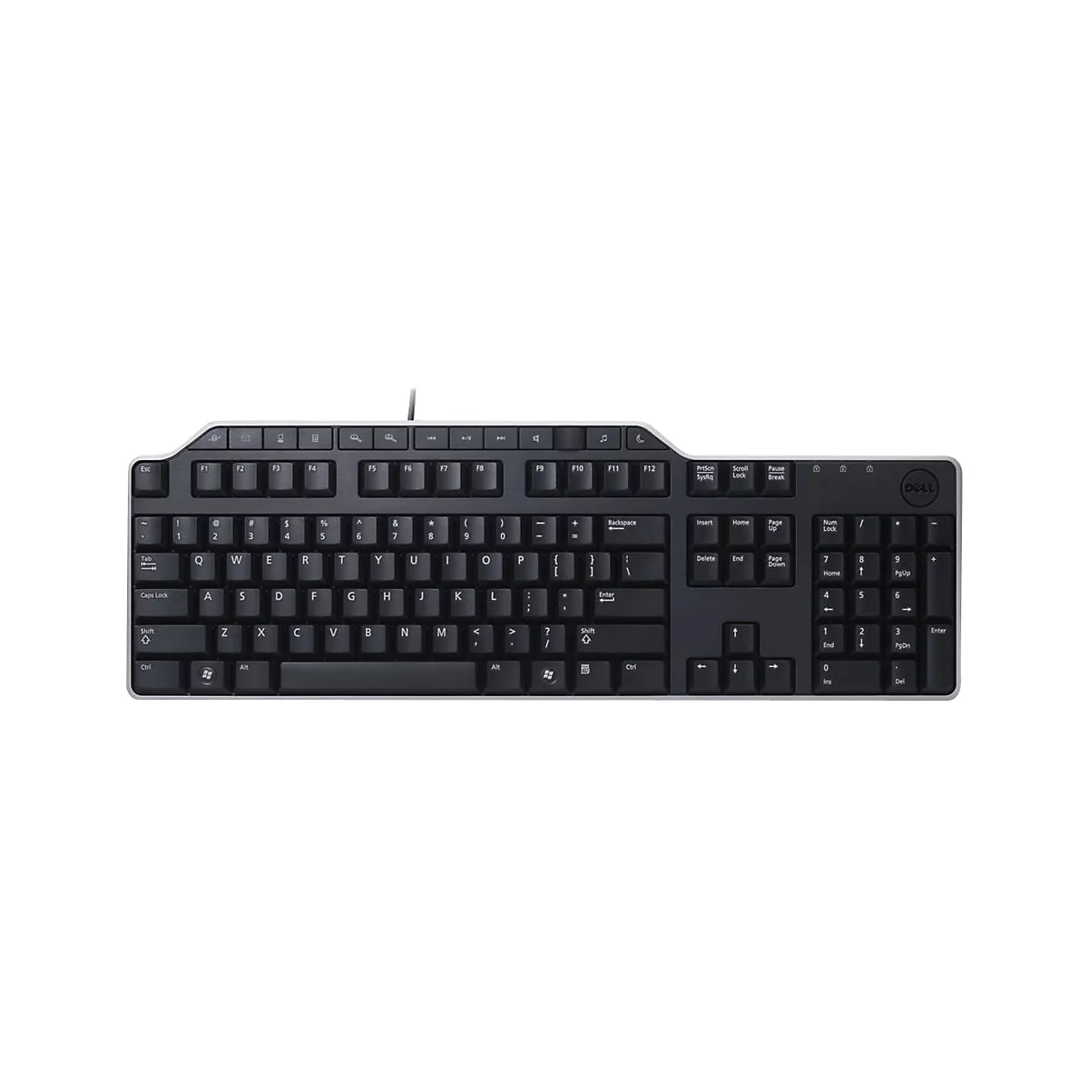 Schwarze Dell-Tastatur, von oben fotografiert. Mit weißen Buchstaben und Symbolen, Funktionstasten und Ziffernblock.