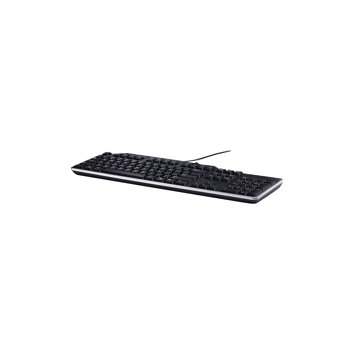 Schwarze Tastatur mit weißem Rahmen, Kabelanschluss. Auf weißem Hintergrund.