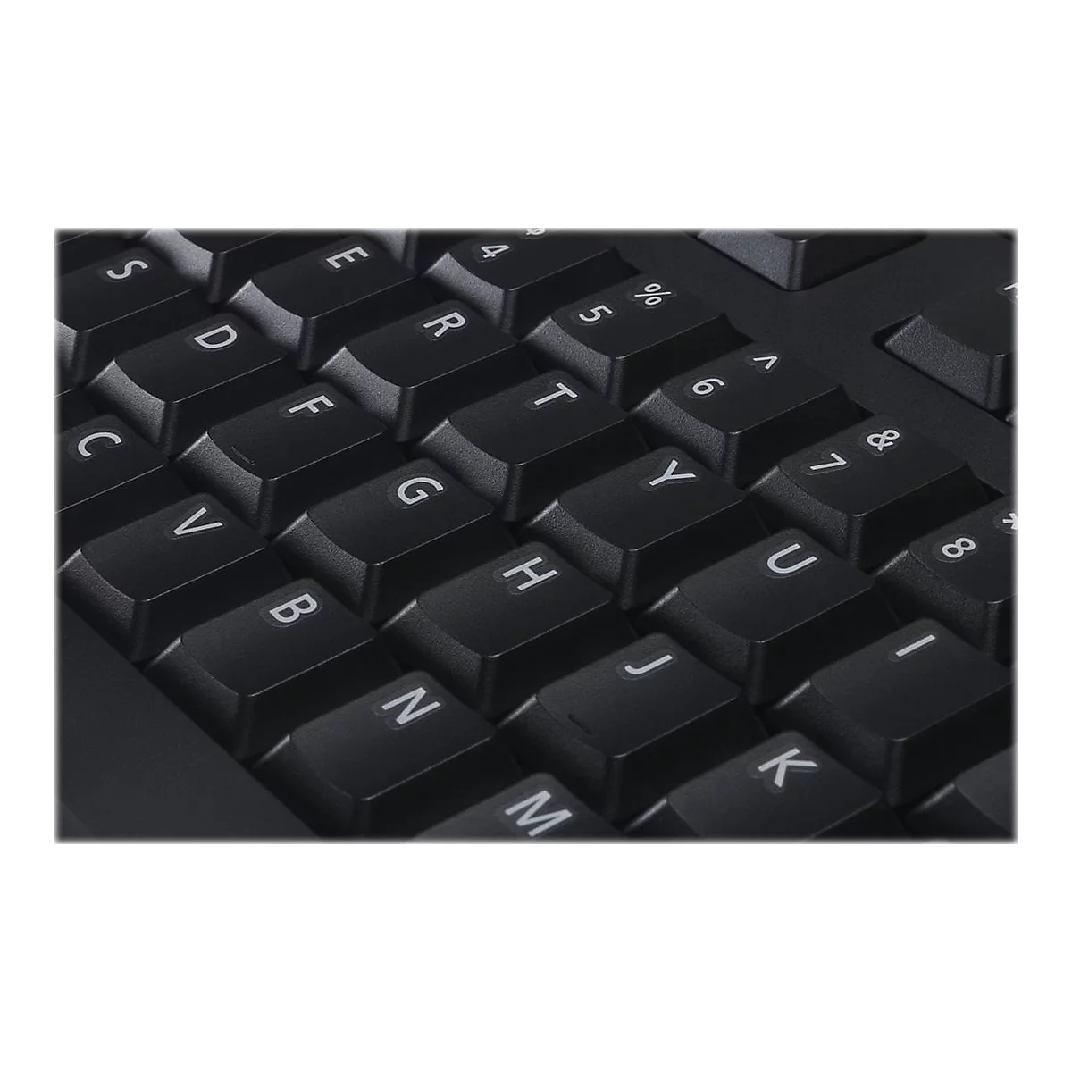 Nahaufnahme einer schwarzen Tastatur. Deutlich sichtbar sind einzelne Tasten mit Buchstaben und Sonderzeichen.