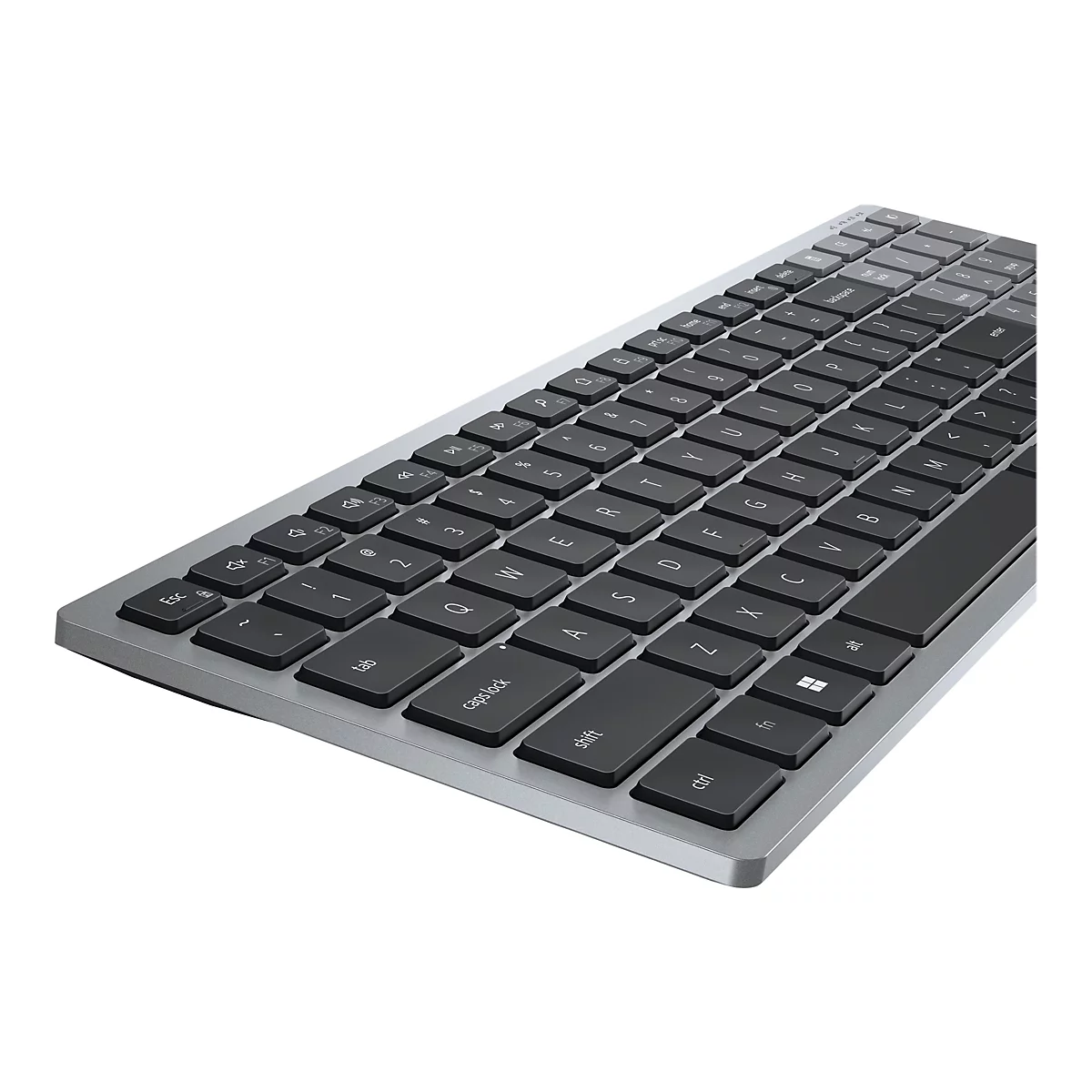 Draufsicht auf eine silberfarbene Tastatur mit schwarzen Tasten. Tastenbeschriftungen sind erkennbar.