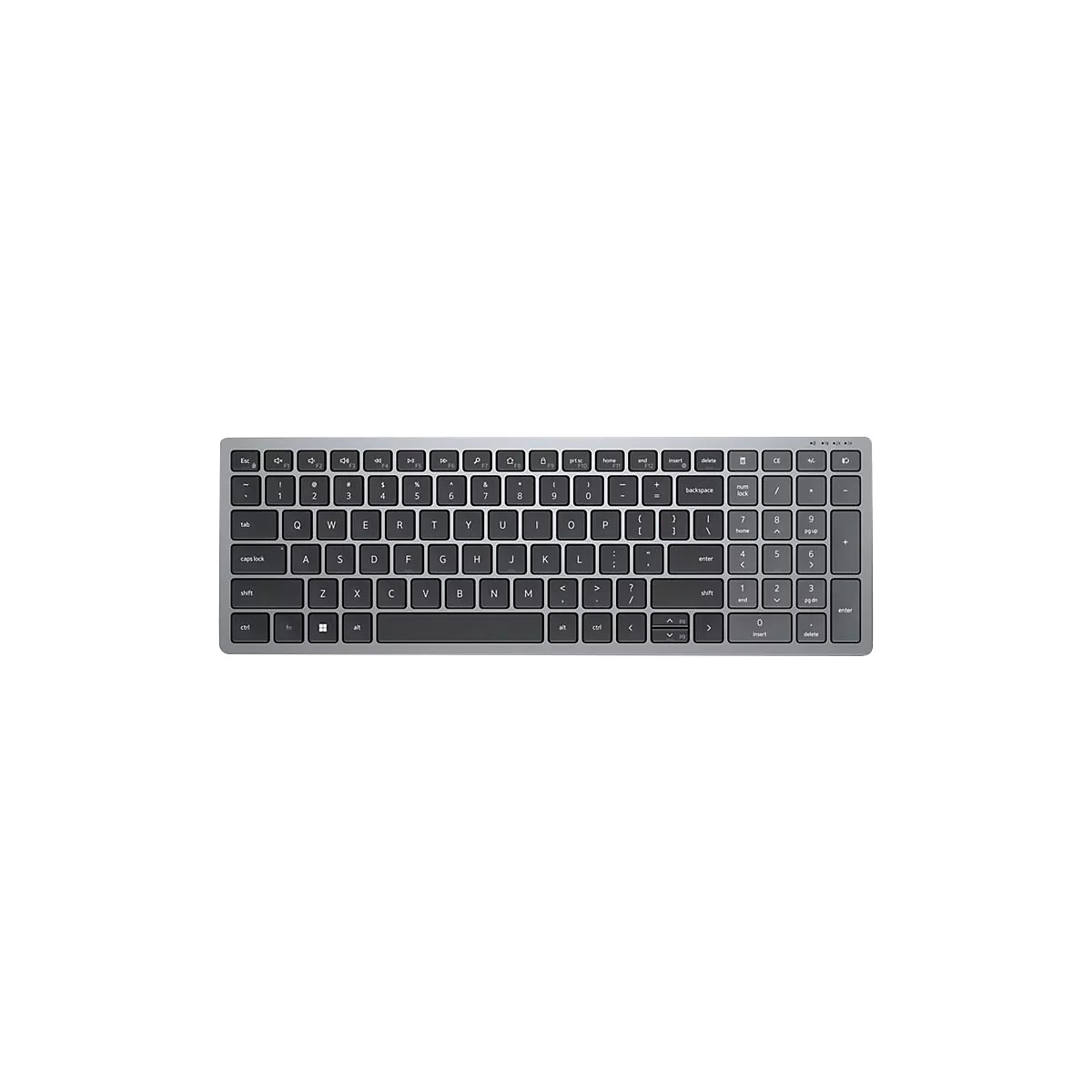 Hellgraue Computertastatur mit schwarzem Tastenfeld. Alle Buchstaben, Zahlen und Sonderzeichen sind deutlich beschriftet.