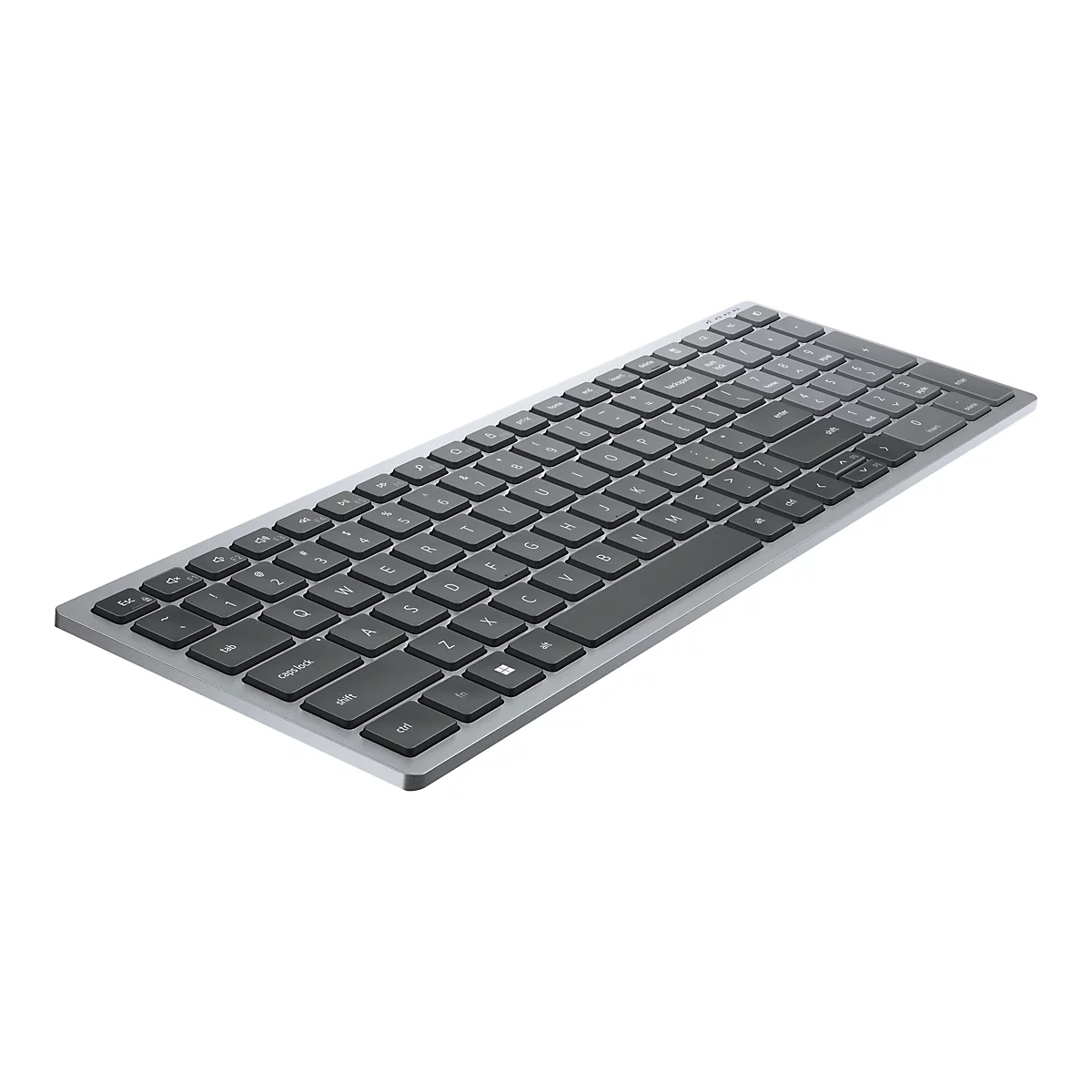 Draufsicht auf eine silberne Tastatur mit schwarzen Tasten. Die Tastatur liegt auf weißem Grund.