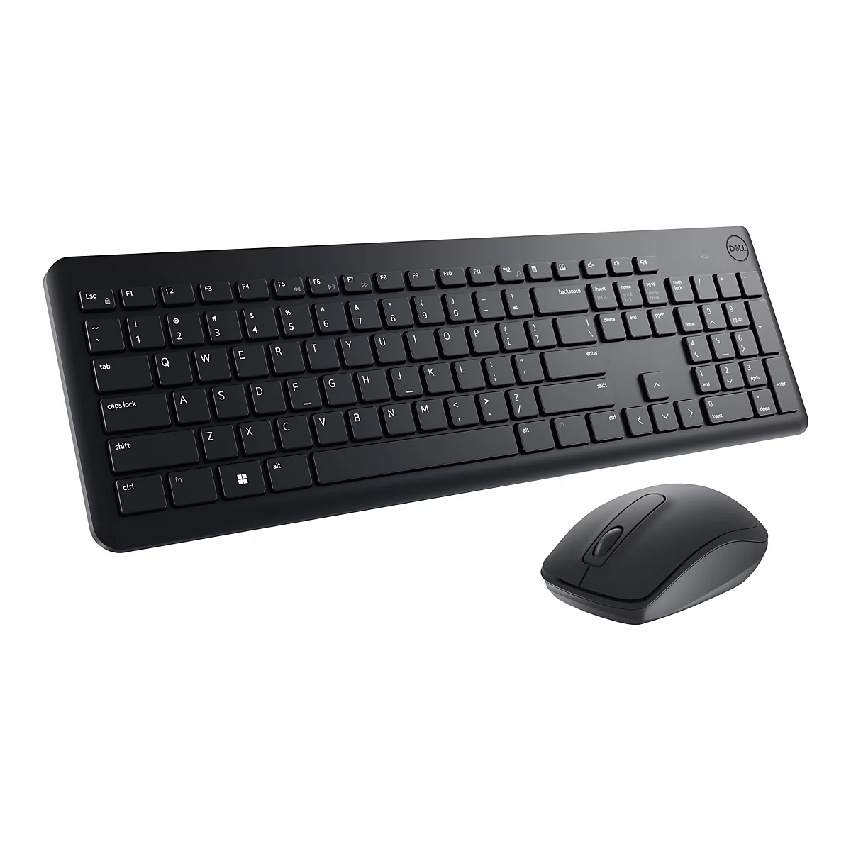 Draufsicht auf ein schwarzes kabelloses Dell-Tastatur- und Maus-Set, vor weißem Hintergrund.