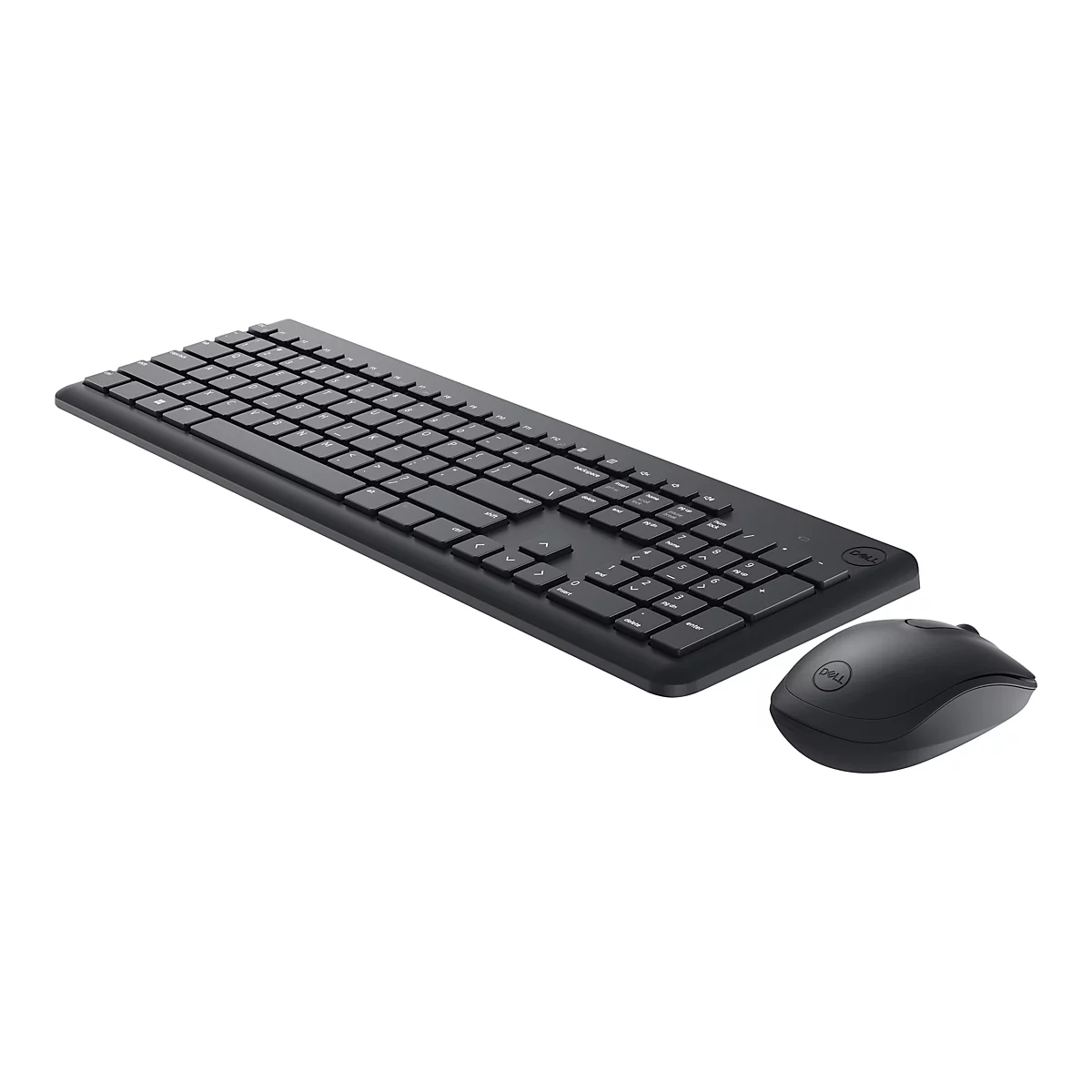 Schwarze kabellose Tastatur und Maus auf weißem Hintergrund. Die Tastatur hat eine rechteckige Form mit abgerundeten Ecken und die Maus eine ovale Form.