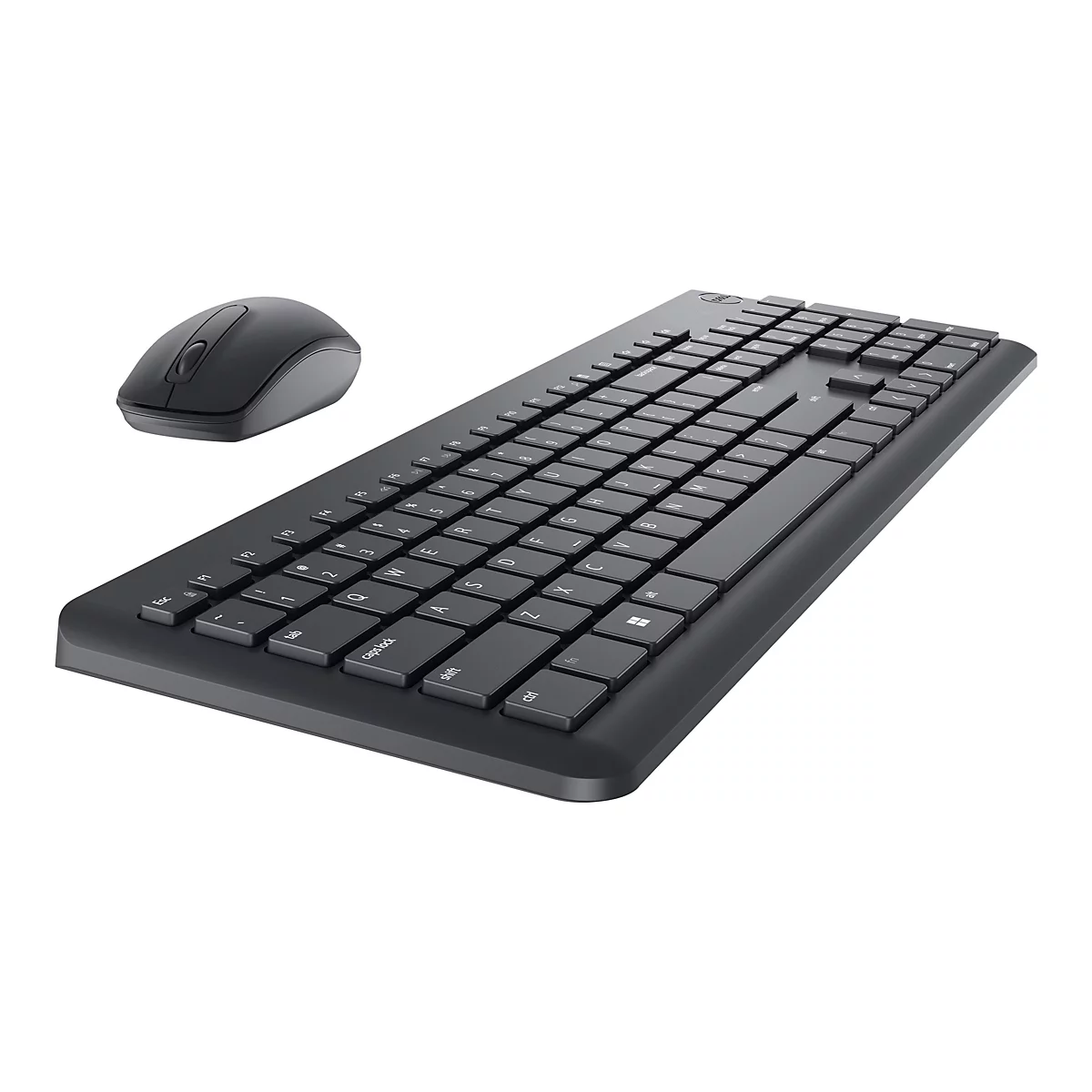 Draufsicht auf ein schwarzes kabelloses Tastatur- und Maus-Set. Die Tastatur hat flache Tasten mit weißer Beschriftung. Die Maus hat ein ergonomisches Design.