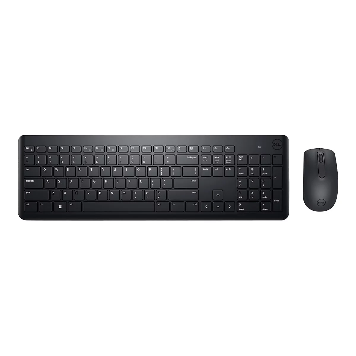 Schwarzes Dell-Keyboard und Maus. Das Keyboard hat Tastenkappen und Funktions-, Steuerungs- und Pfeiltasten. Die Maus hat zwei Tasten und ein Scrollrad.