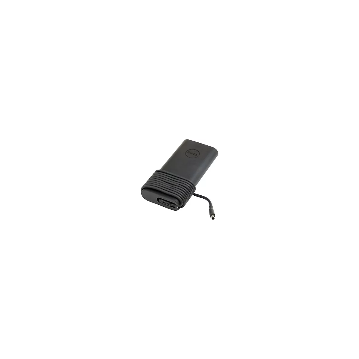 Schwarzes Dell-Laptop-Netzteil mit aufgewickeltem Kabel und Stecker.