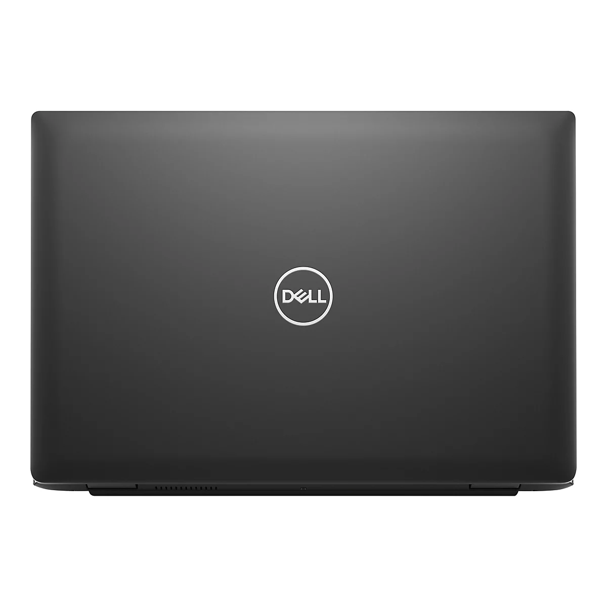 Dunkelgraues Laptop-Oberteil mit dem weißen Dell-Logo. Glatte Oberfläche.