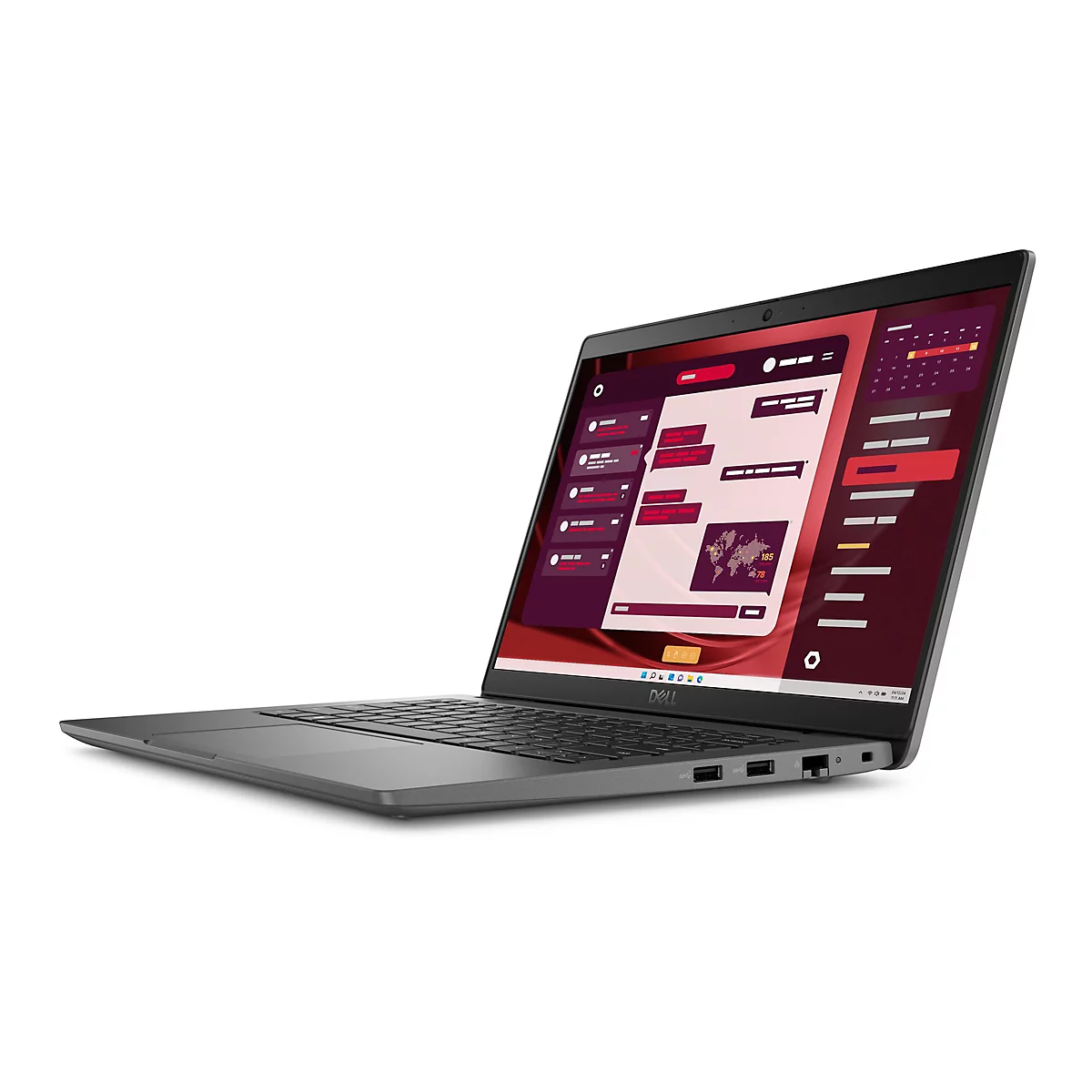 Ein Laptop mit offenem Display, der eine Benutzeroberfläche mit Diagrammen zeigt. Auf dem Bildschirm sind Zahlen und eine Weltkarte zu sehen. Das Dell-Logo ist sichtbar.