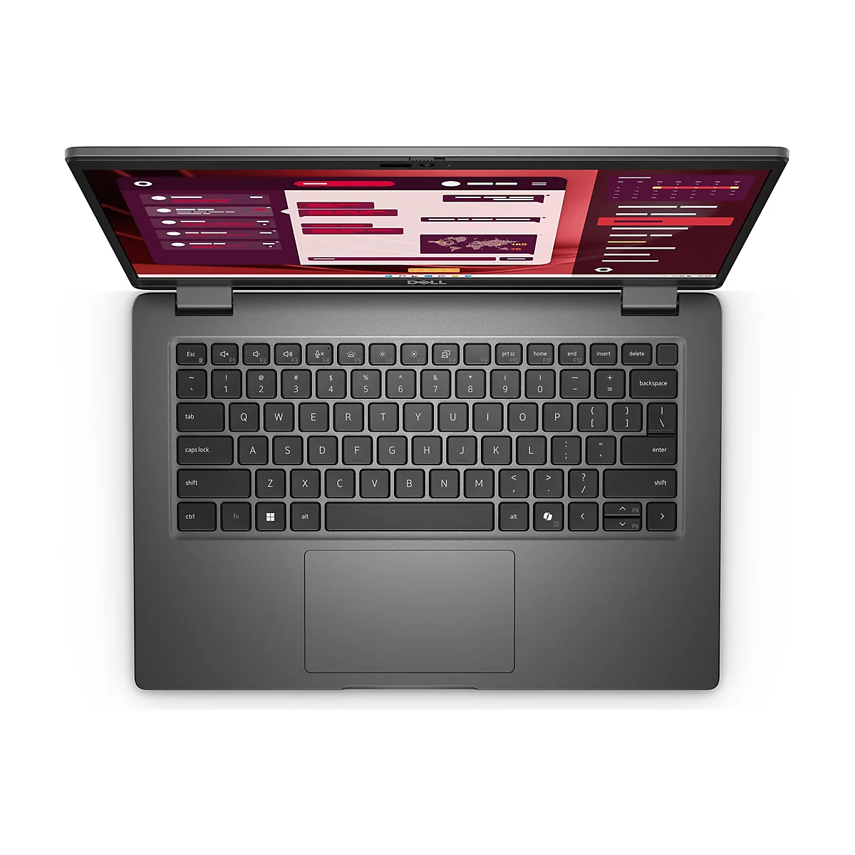 Draufsicht auf einen geöffneten, grauen Laptop mit schwarzer Tastatur und Anzeige einer Website. Die Marke DELL ist deutlich zu sehen.