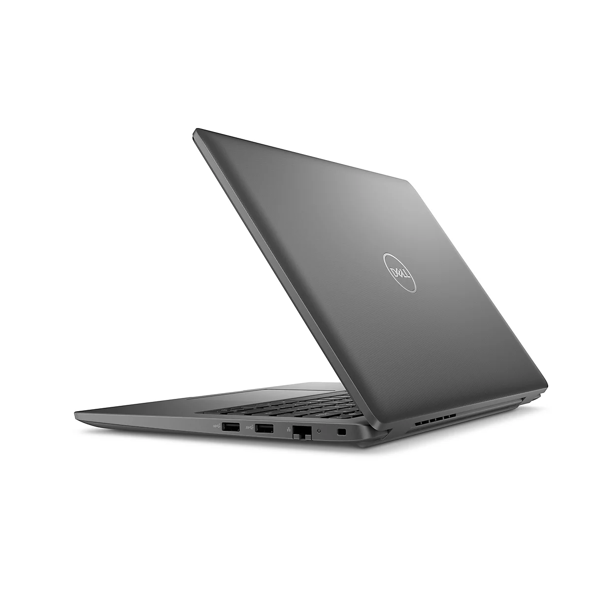Grauer Laptop, leicht geöffnet, in Dreiviertelansicht. Das Dell-Logo ist auf dem Deckel sichtbar.