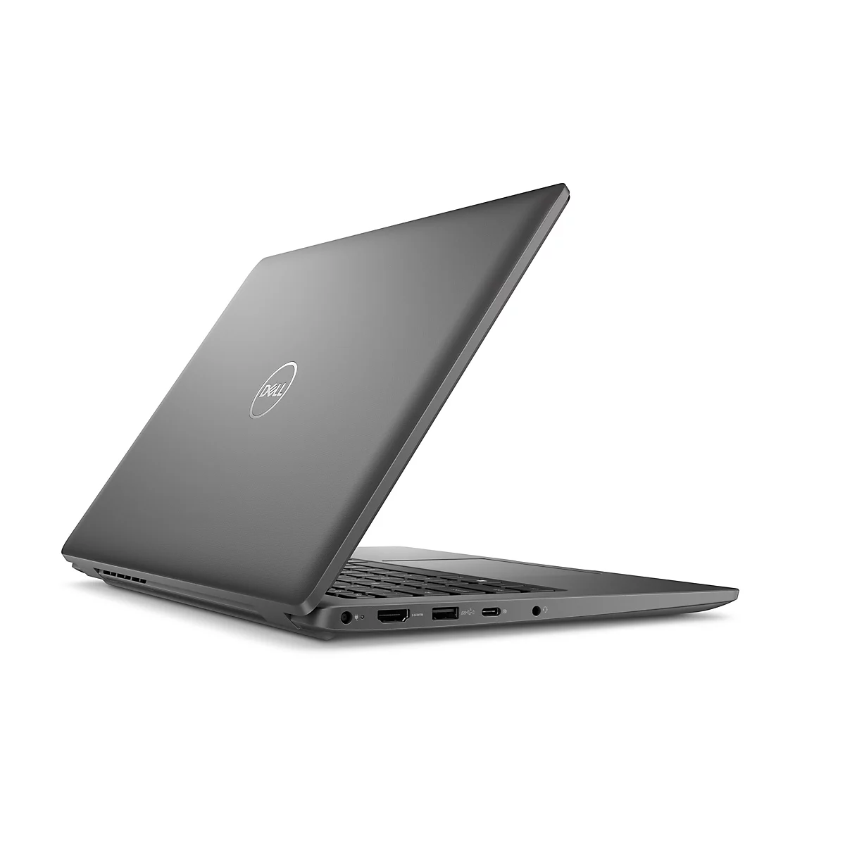 Grauer Laptop, leicht geöffnet; Dell Logo auf der Oberseite. Die linke Seite mit Anschlüssen. Weißer Hintergrund.
