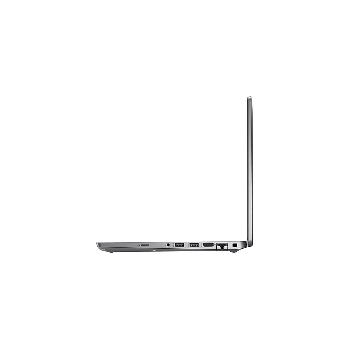 Grauer Laptop im Profil vor weiÃŸem Hintergrund. Die Seite zeigt AnschlÃ¼sse und Schlitze.