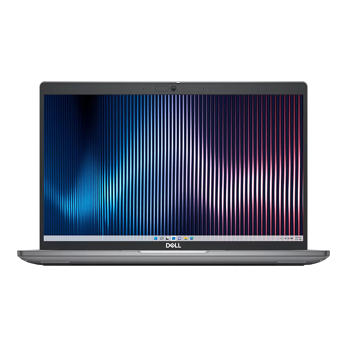 Grauer Laptop mit einem Bildschirm, der einen blauen und rosa Farbverlauf zeigt. Das Dell-Logo ist sichtbar.