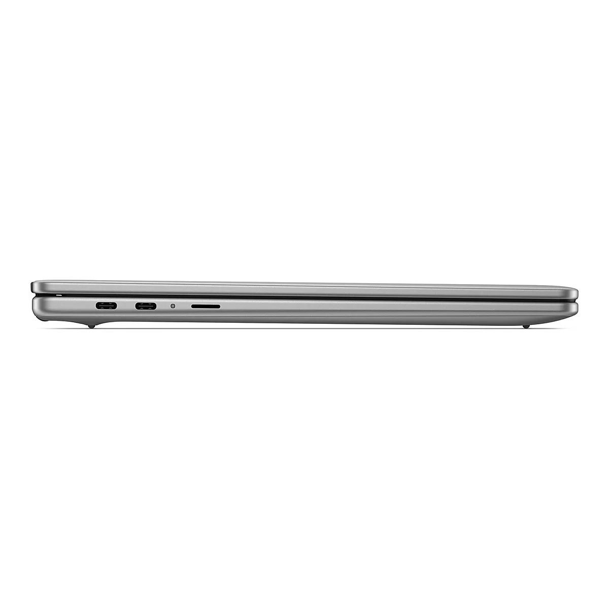 Geschlossenes silbernes Laptop-Profil. Links zwei USB-C-Anschlüsse, rechts ein Anschluss und ein SD-Karten-Slot.