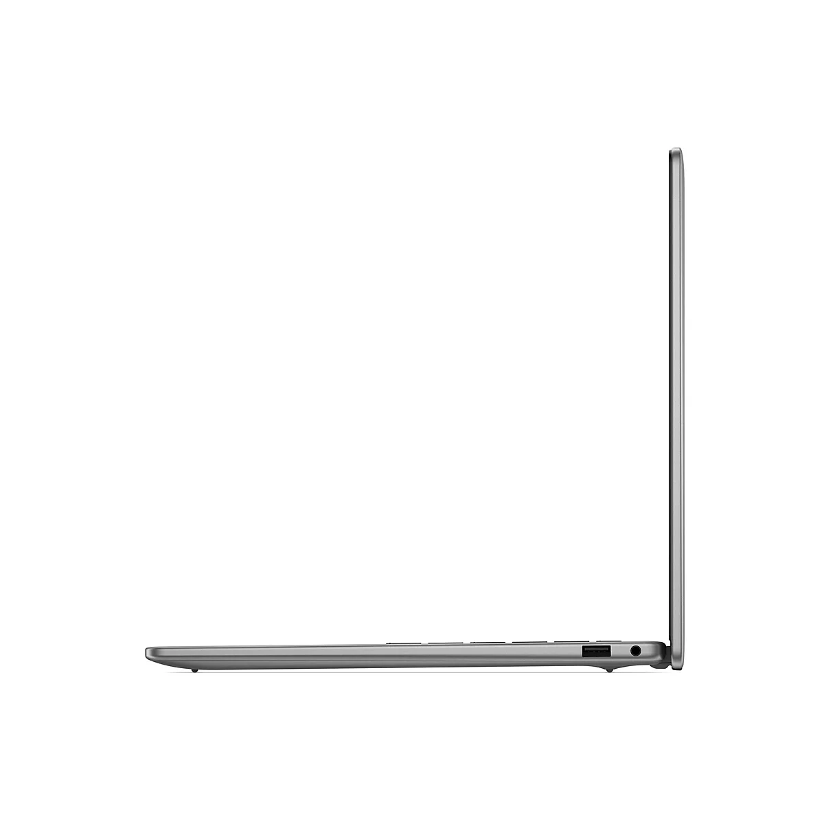 Grauer Laptop im Profil, auf weißem Hintergrund. Sichtbar sind die Seite, die Tastaturkante, ein USB-Anschluss und Kopfhöreranschluss.