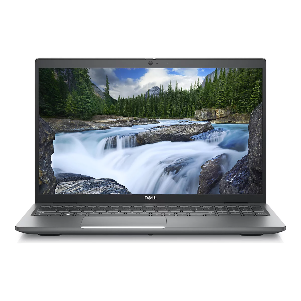 Dunkelgraues Dell-Notebook, Bildschirm zeigt Wasserfall-Landschaft.