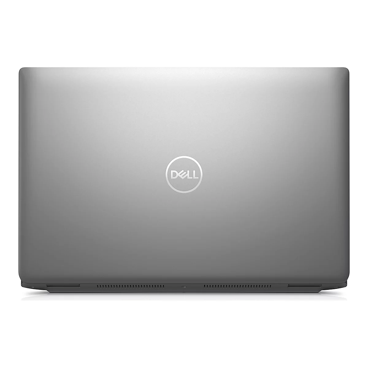 Grauer Laptop-Deckel mit rundem Dell-Logo mittig. Die Oberfläche ist glatt, die Ecken abgerundet.