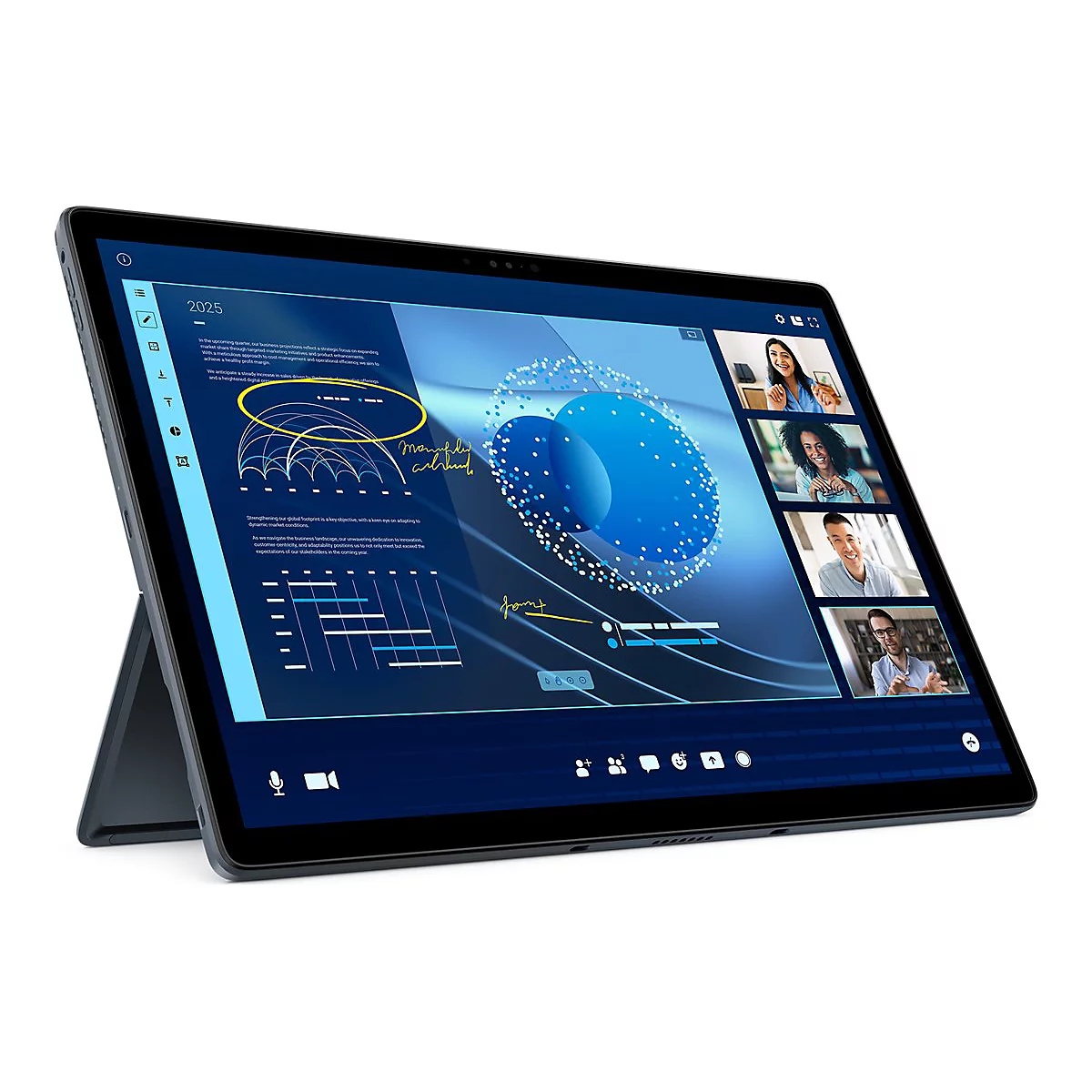 Ein Tablet mit Videokonferenz-Anzeige, blauem Bildschirm mit Diagrammen, das auf einem StÃ¤nder steht.