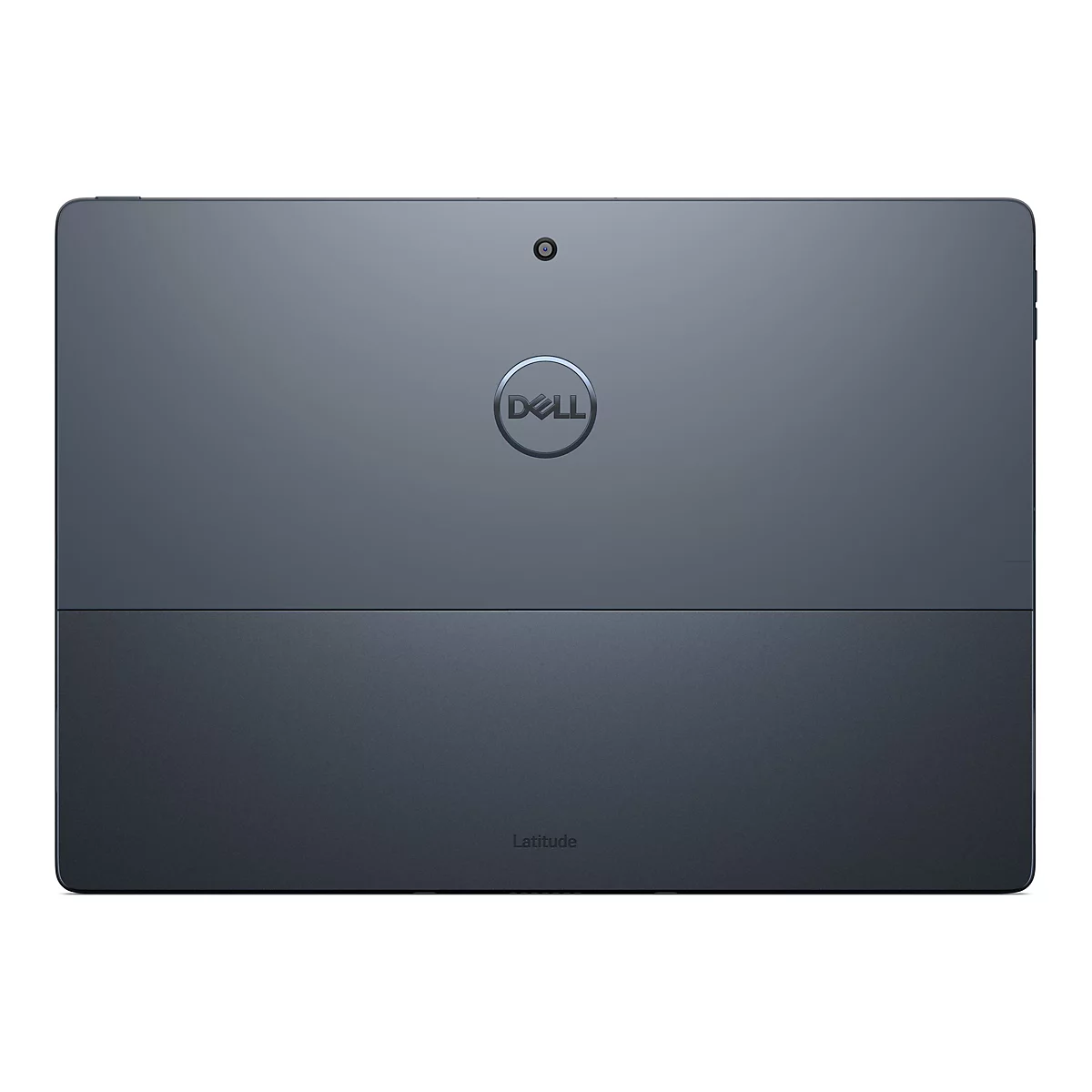 RÃ¼ckseite eines grauen Dell Latitude Tablets. Oben links befindet sich ein Kameramodul, darunter das Dell-Logo. Unten steht Latitude.
