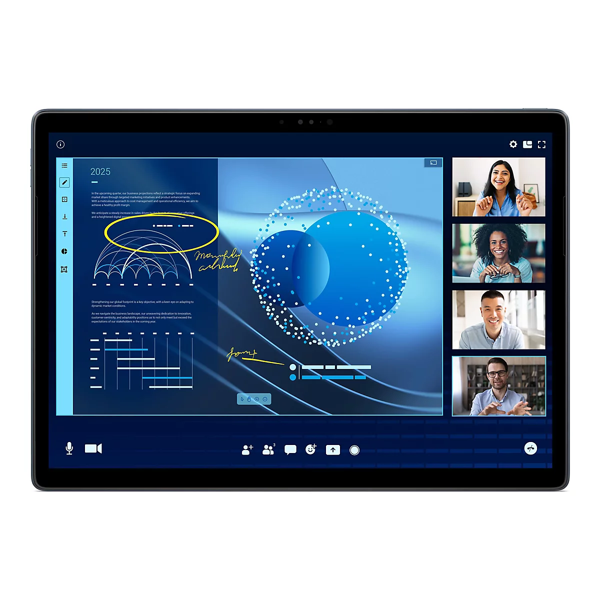 Tablet mit Videokonferenz-Anwendung. PrÃ¤sentation auf Bildschirm, vier Personen im Chat. Blauer Hintergrund.