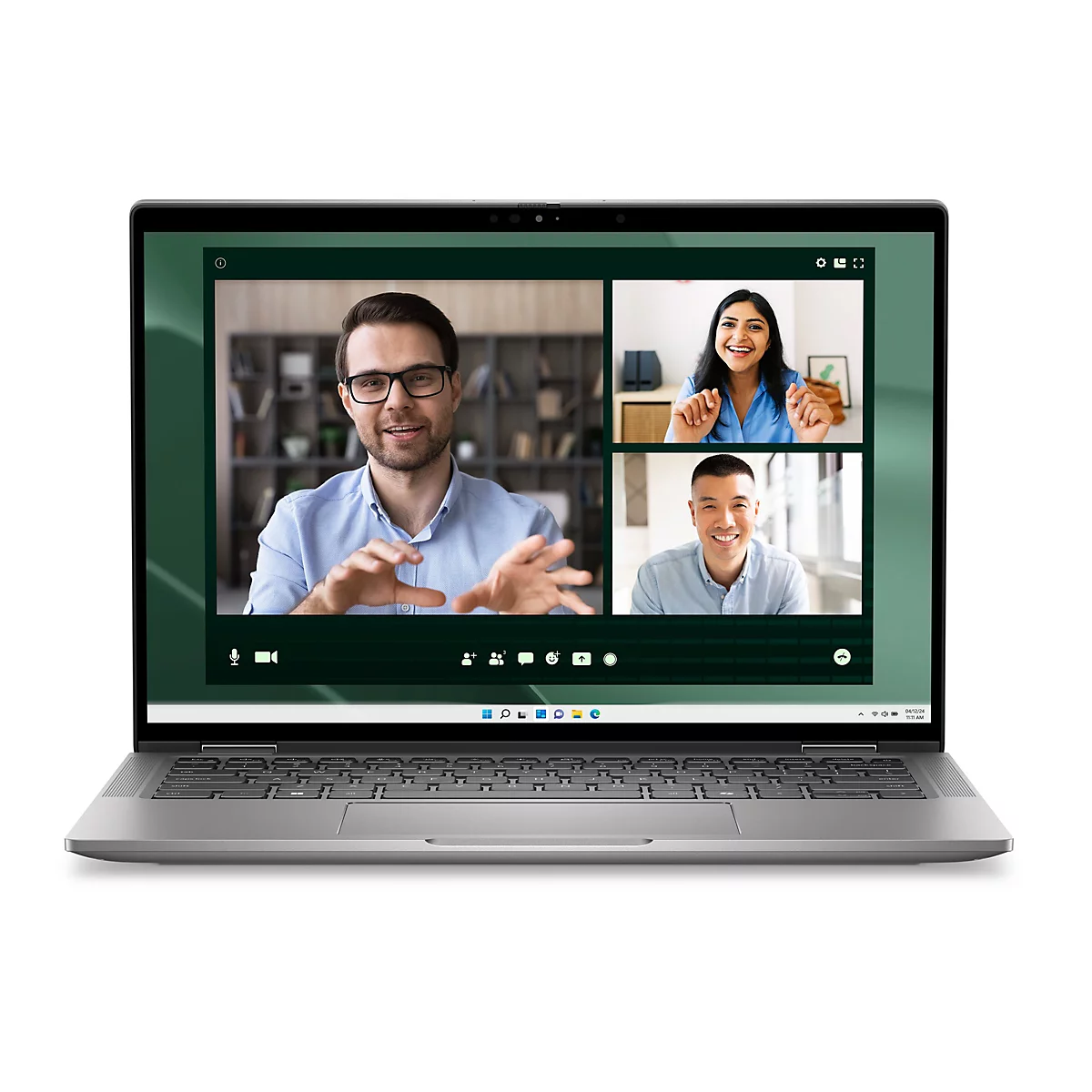 Ein graues Laptop-Gerät zeigt eine Videokonferenz mit drei Personen. Der Laptop ist leicht geöffnet und auf einem weißen Hintergrund positioniert.