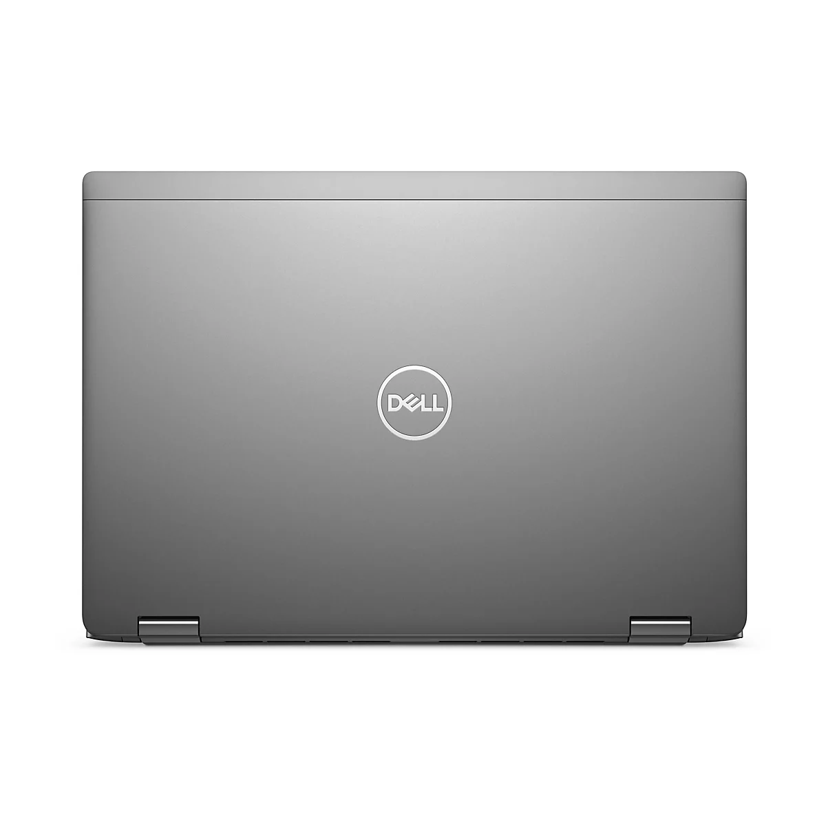 Dunkelgraues Laptop-Gehäuse mit Dell-Logo. Oberansicht, auf weißem Hintergrund.
