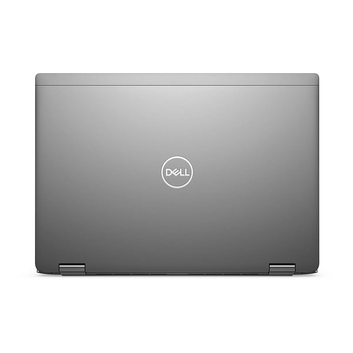 Geschlossenes graues Dell Laptop. In der Mitte das Dell Logo in einem weiÃŸen Kreis. Auf weiÃŸem Hintergrund.