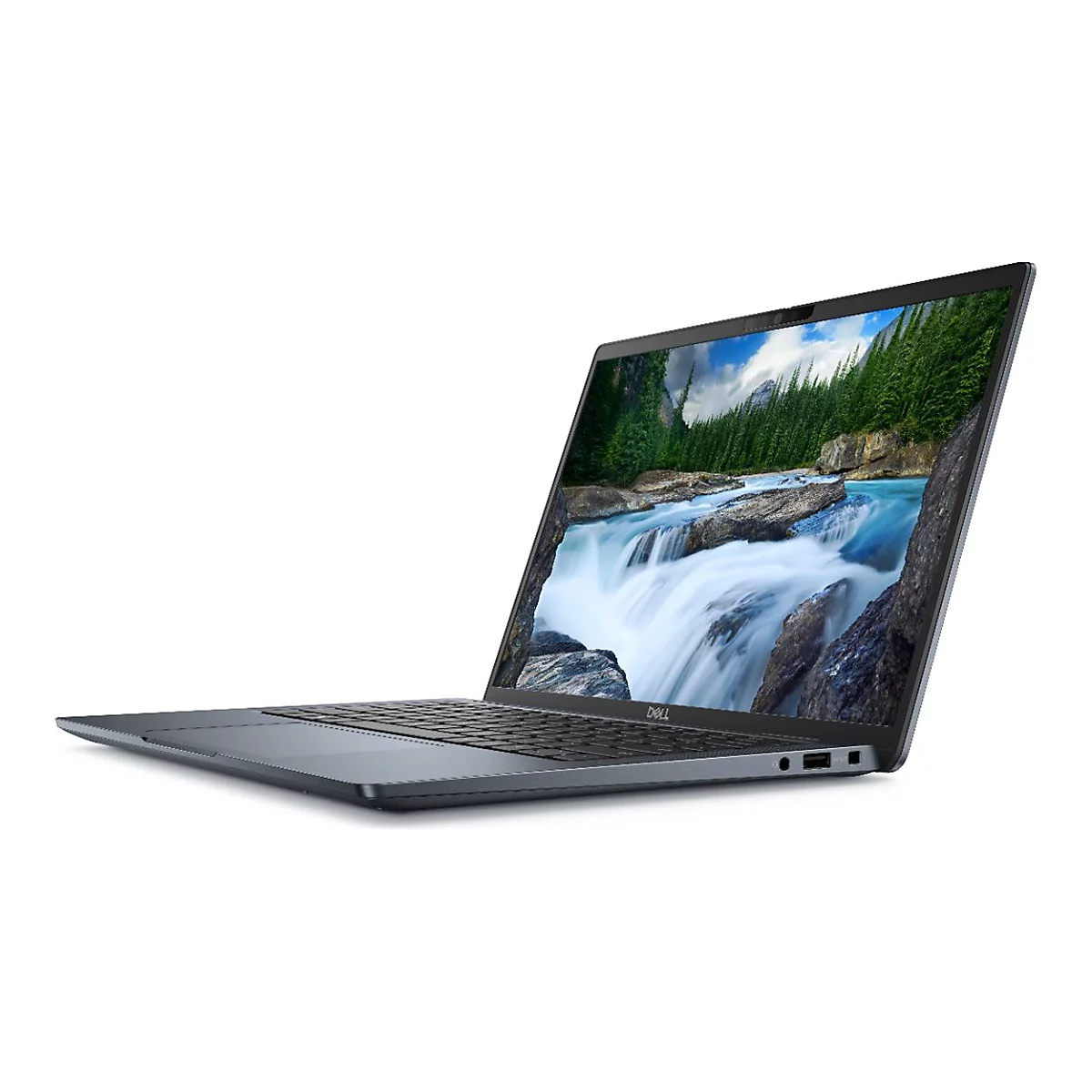 Ein Laptop auf weiÃŸem Hintergrund. Auf dem Display ein Wasserfall in einer grÃ¼nen Umgebung.