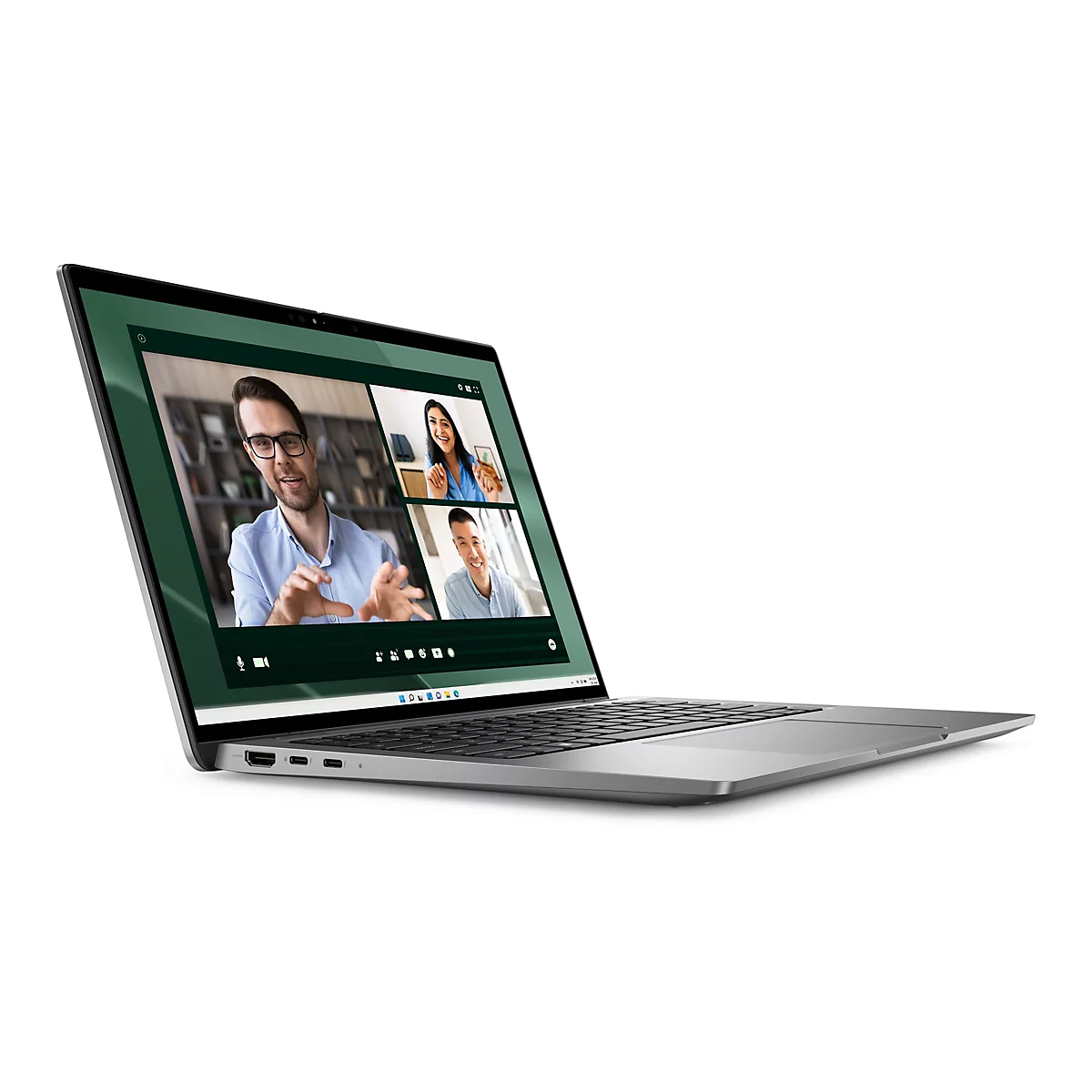 Grauer Laptop mit Videokonferenz auf dem Bildschirm. Drei Personen sind zu sehen.