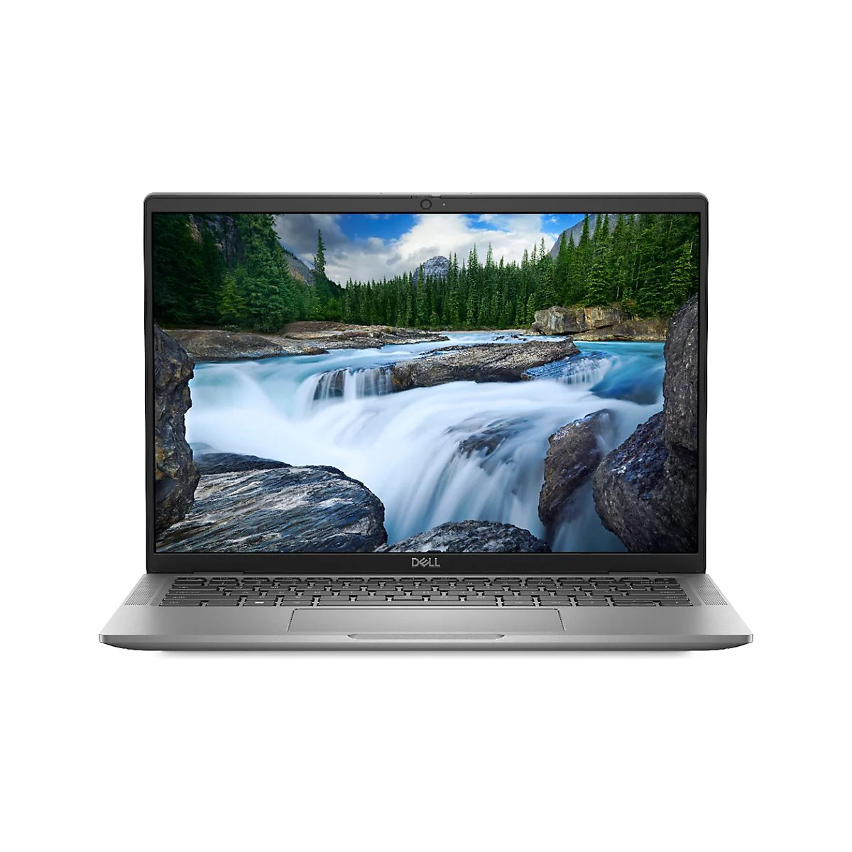 Ein silberner Laptop zeigt einen Wasserfall. Im Hintergrund Berge und BÃ¤ume.