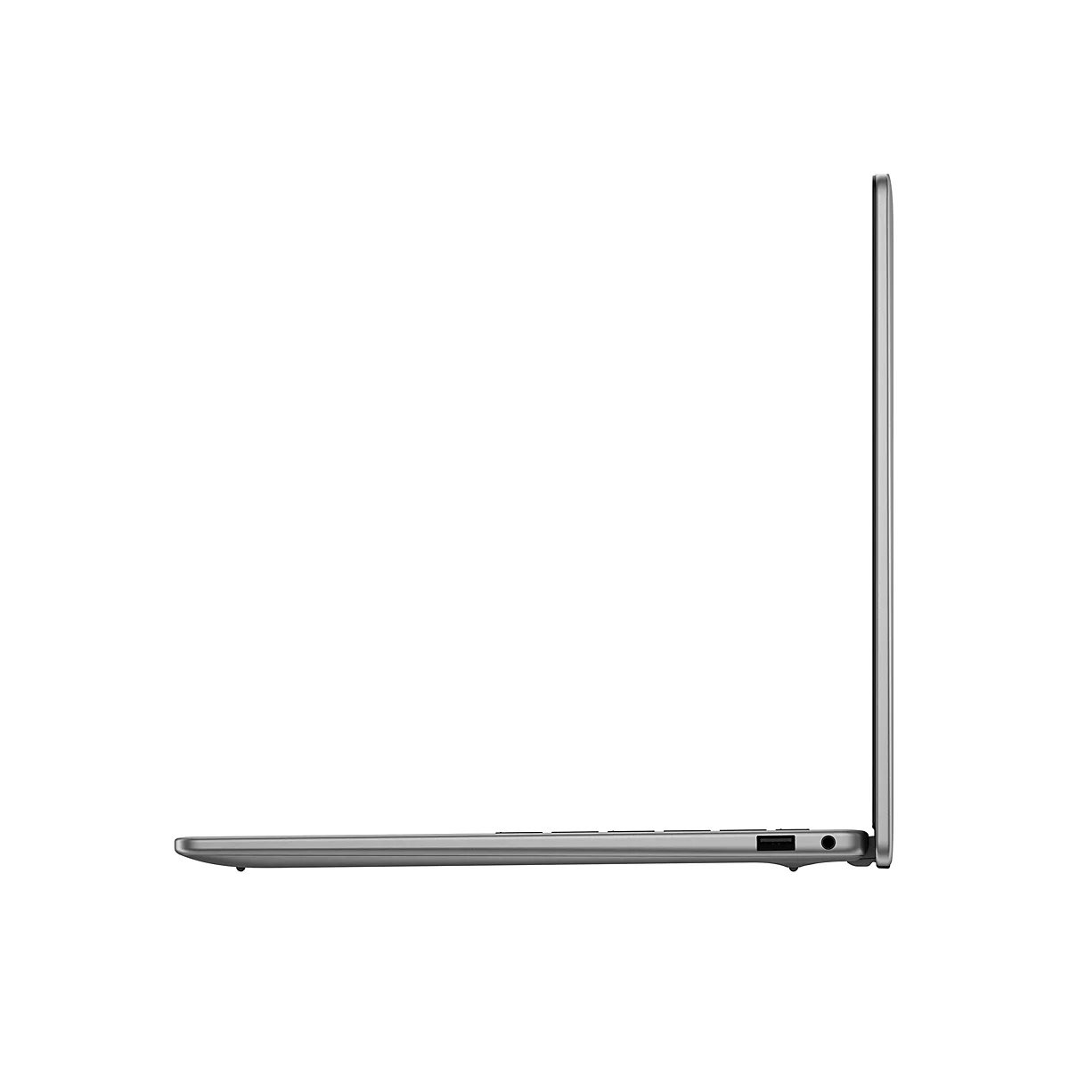 Grauer Laptop in Seitenansicht, geÃ¶ffnet, auf weiÃŸem Hintergrund.