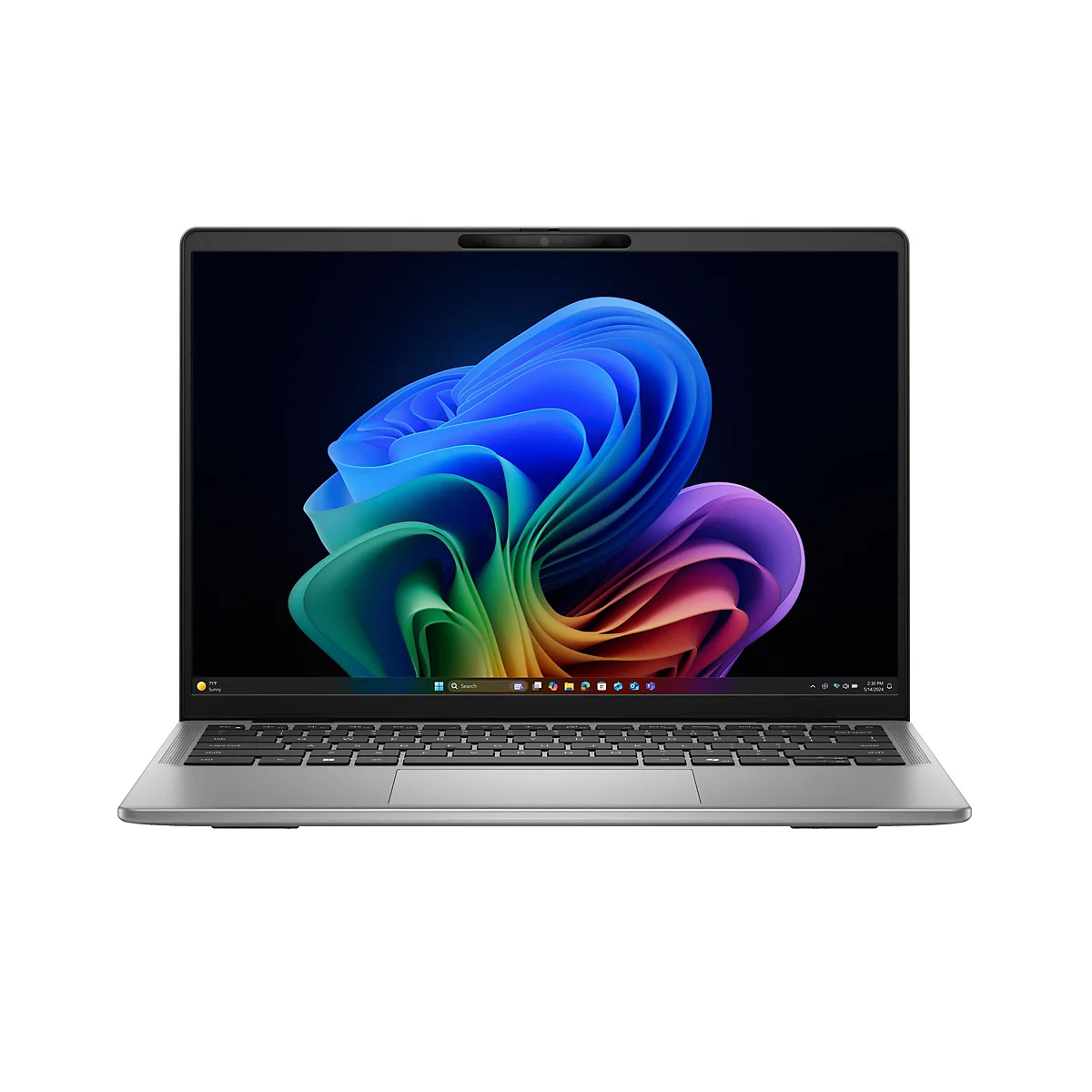 Graues Laptop mit bunten Wirbeln auf dem Bildschirm. Tastatur unten, Webcam oben.