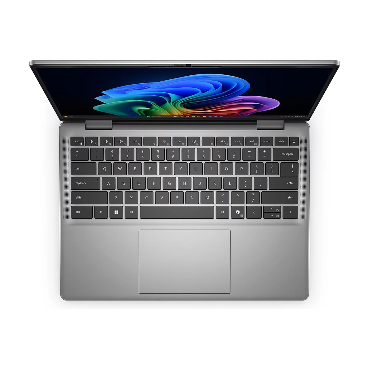 Draufsicht auf einen geÃ¶ffneten, silberfarbenen Laptop mit farbenfrohem Bildschirmhintergrund. Die Tastatur und das Touchpad sind deutlich sichtbar.