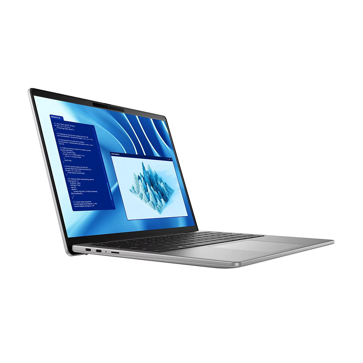 Silberner Laptop, geÃ¶ffnet, Bildschirm zeigt Code und Diagramm auf blauem Hintergrund. Auf weiÃŸem Grund.
