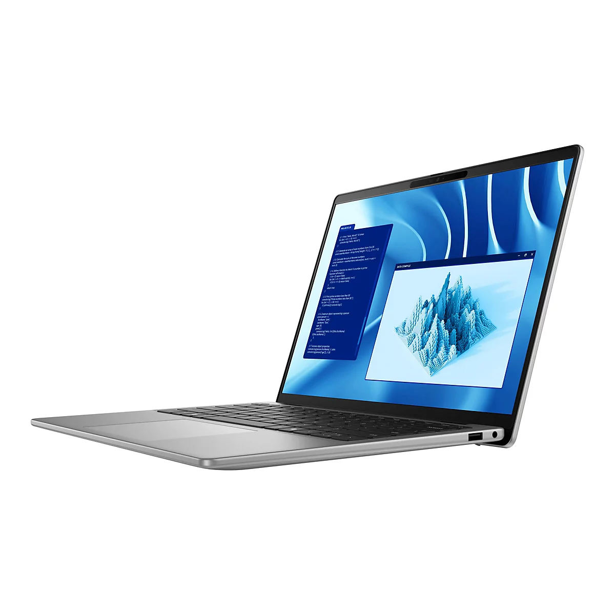 Ein silberner Laptop mit geöffnetem Deckel zeigt Code auf dem Bildschirm, daneben ein Diagramm. Der Hintergrund ist blau strukturiert.