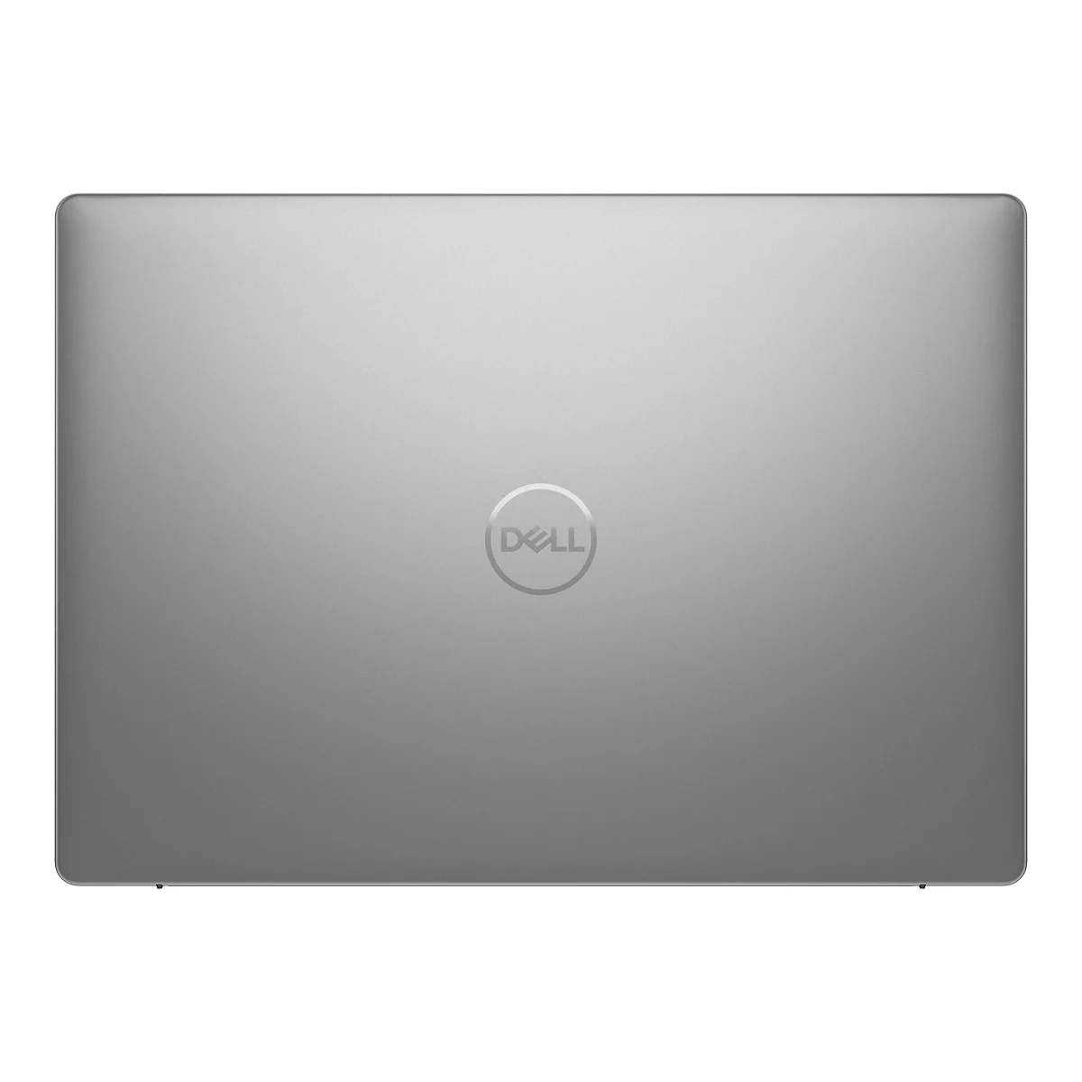 Grauer Laptopdeckel mit Dell-Logo in der Mitte.