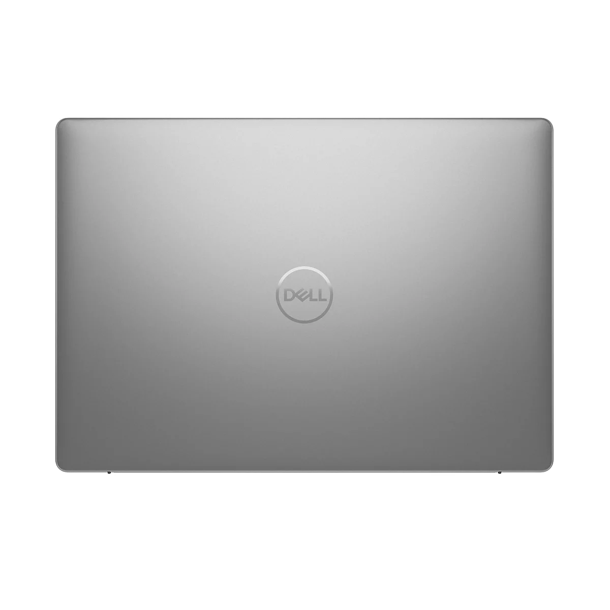 Ein silbergrauer Laptop, Ansicht der geschlossenen Oberseite. Das Dell-Logo ist mittig platziert.