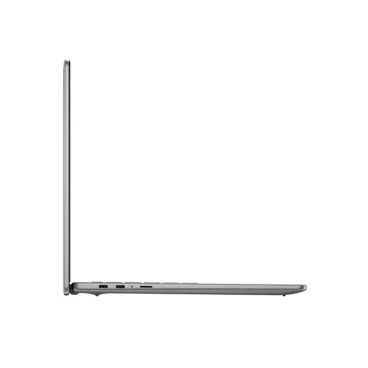 Graues Laptop-Profil auf weiÃŸem Hintergrund. AnschlÃ¼sse und Tasten auf der Seite erkennbar.