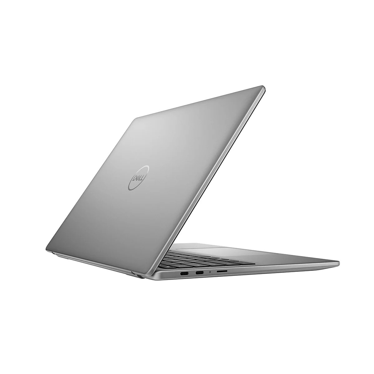 Silberner Laptop, leicht geÃ¶ffnet, mit Dell-Logo auf der RÃ¼ckseite, vor weiÃŸem Hintergrund.