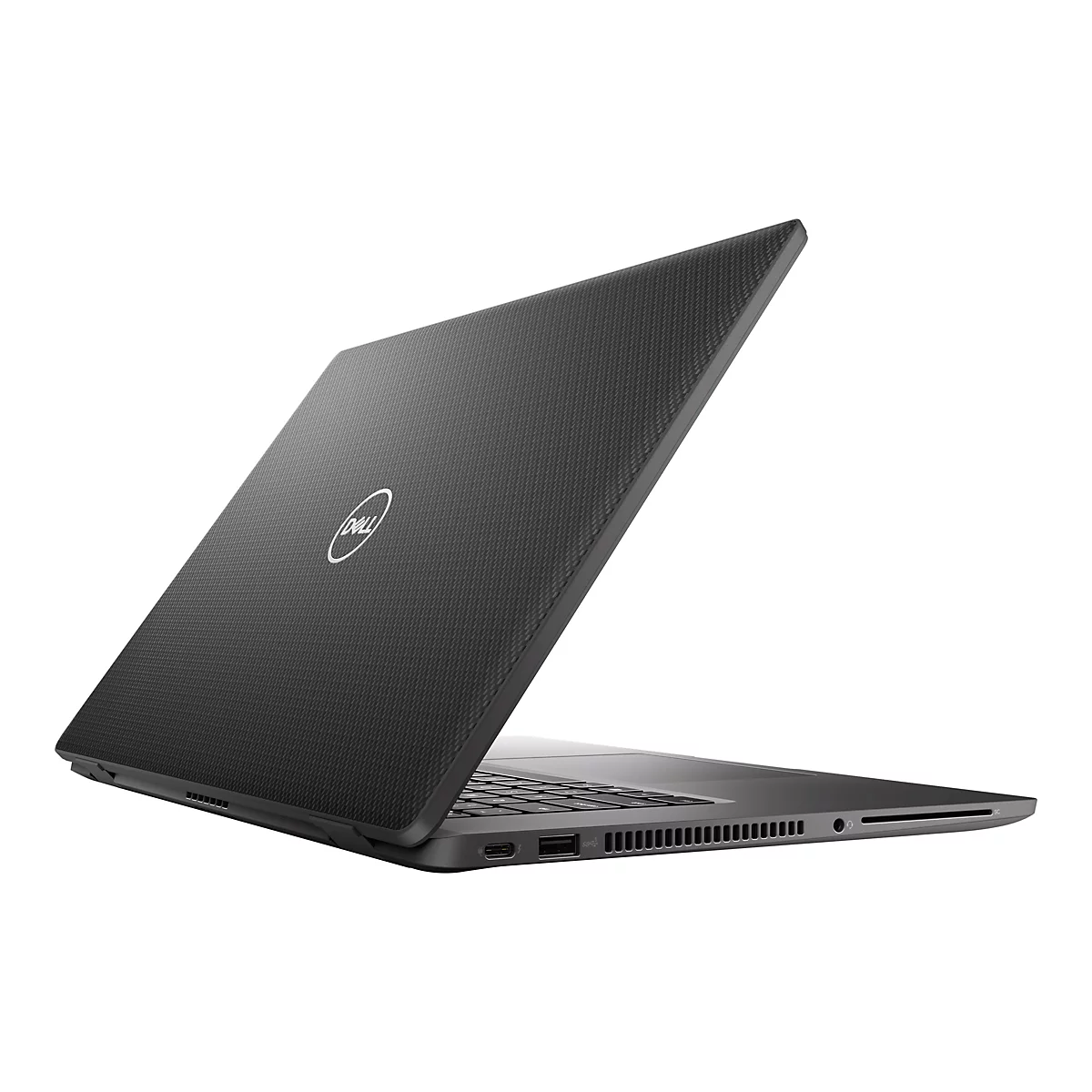 Schwarzes Dell-Laptop, leicht geöffnet, diagonale Ansicht, weißer Hintergrund. Auf dem Deckel befindet sich das Dell-Logo.