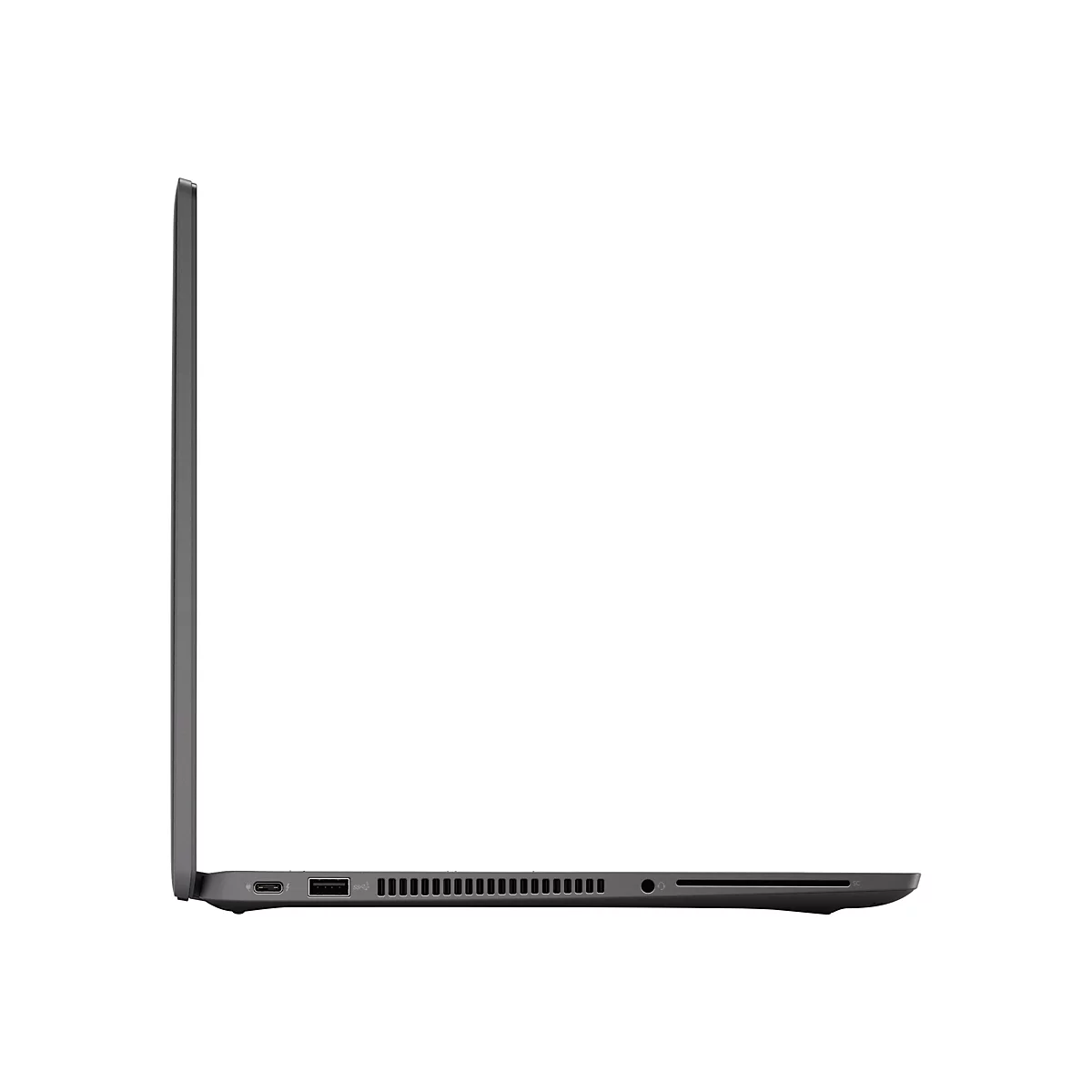 Seitenansicht eines anthrazitfarbenen Laptops, der sich an einer weißen Wand befindet. Es sind Anschlüsse sichtbar.