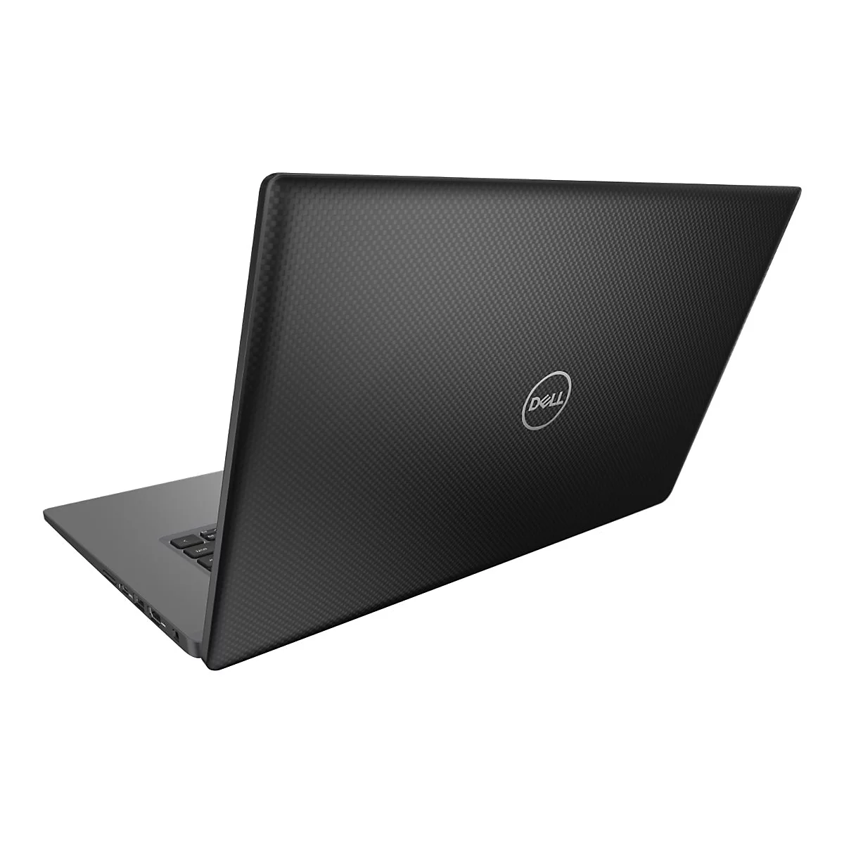 Ein schwarzes Dell-Laptop, von hinten gesehen, leicht geöffnet. Das Gehäuse weist eine feine Textur auf.