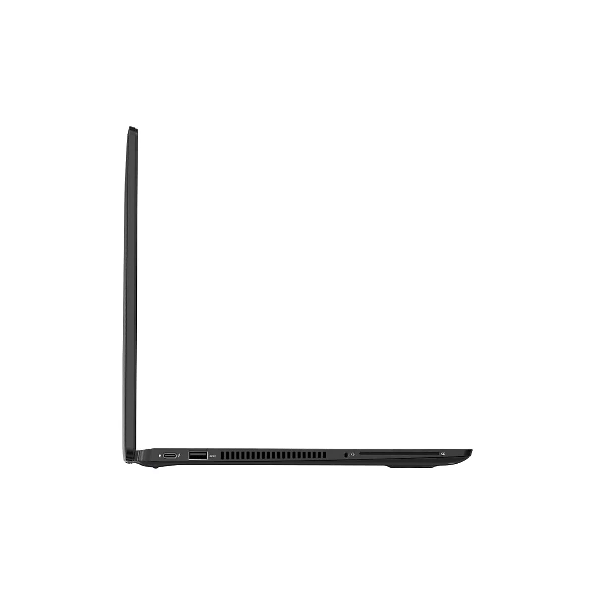 Schwarzer Laptop von der Seite, geÃ¶ffnet. Ober- und Unterseite zeigen eine Reihe von AnschlÃ¼ssen.