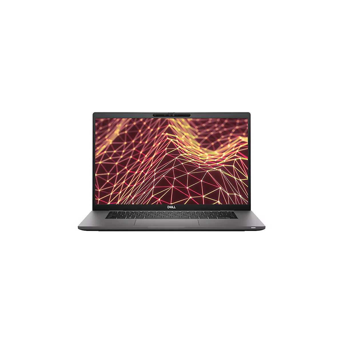 Dunkelgrauer Laptop mit schwarzem Bildschirm, auf dem ein gelb-rotes abstraktes Muster dargestellt ist. Dell-Logo unten.