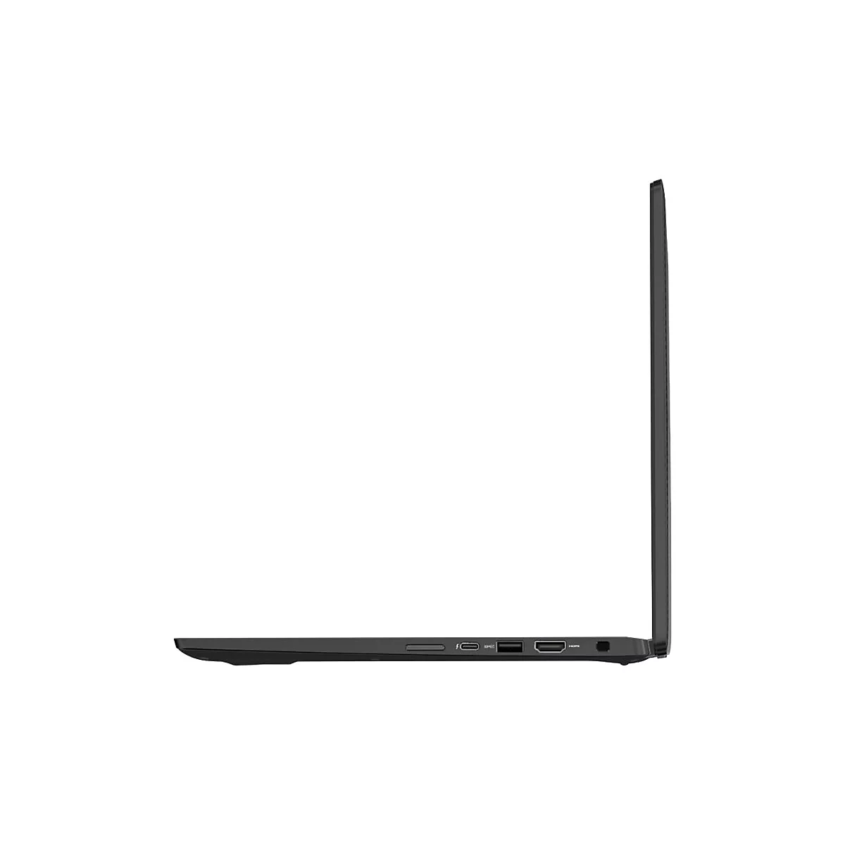 Schwarzes Laptop, Seitenansicht. AnschlÃ¼sse sichtbar. GerÃ¤t geÃ¶ffnet.