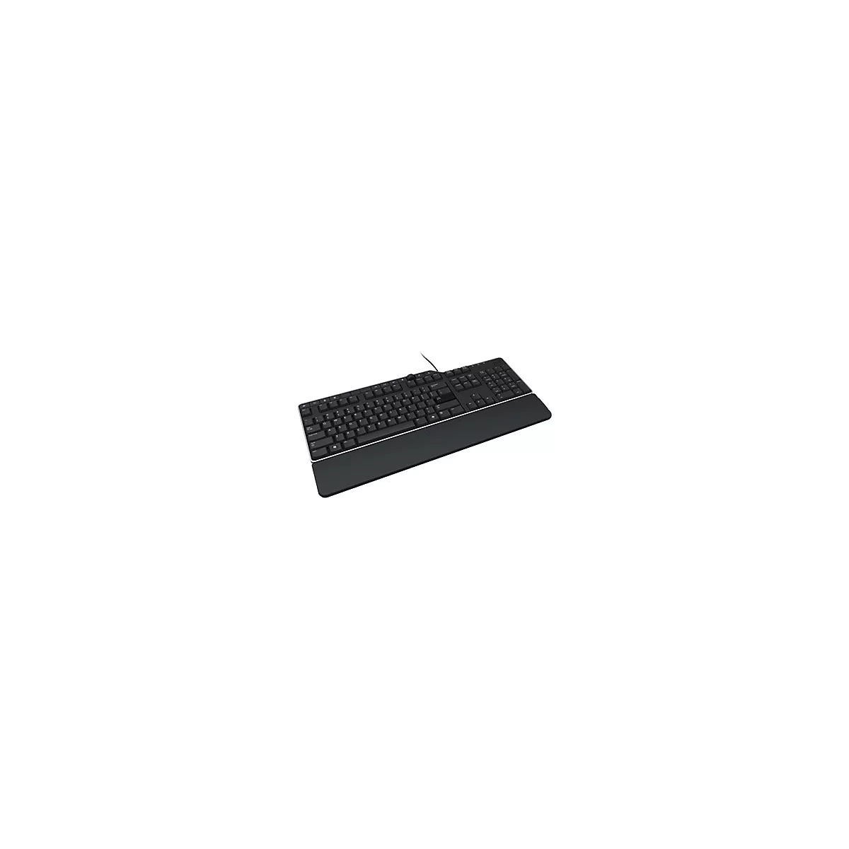 Schwarze Computertastatur mit Handauflage, Drahtanschluss. Tasten mit weißer Schrift.